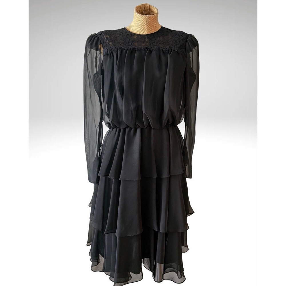 VTG Sylvia Ann 90s 80s Black Dress Witchy Goth Ruffled Tiered Lace Sheer USA 12